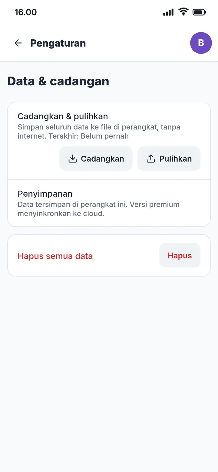 Data & cadangan: Cadangkan, Pulihkan, Hapus semua data