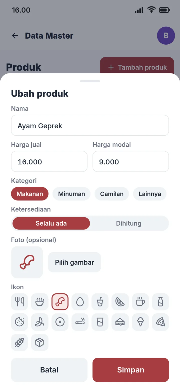 Formulir ubah produk: harga, kategori, stok, foto/ikon
