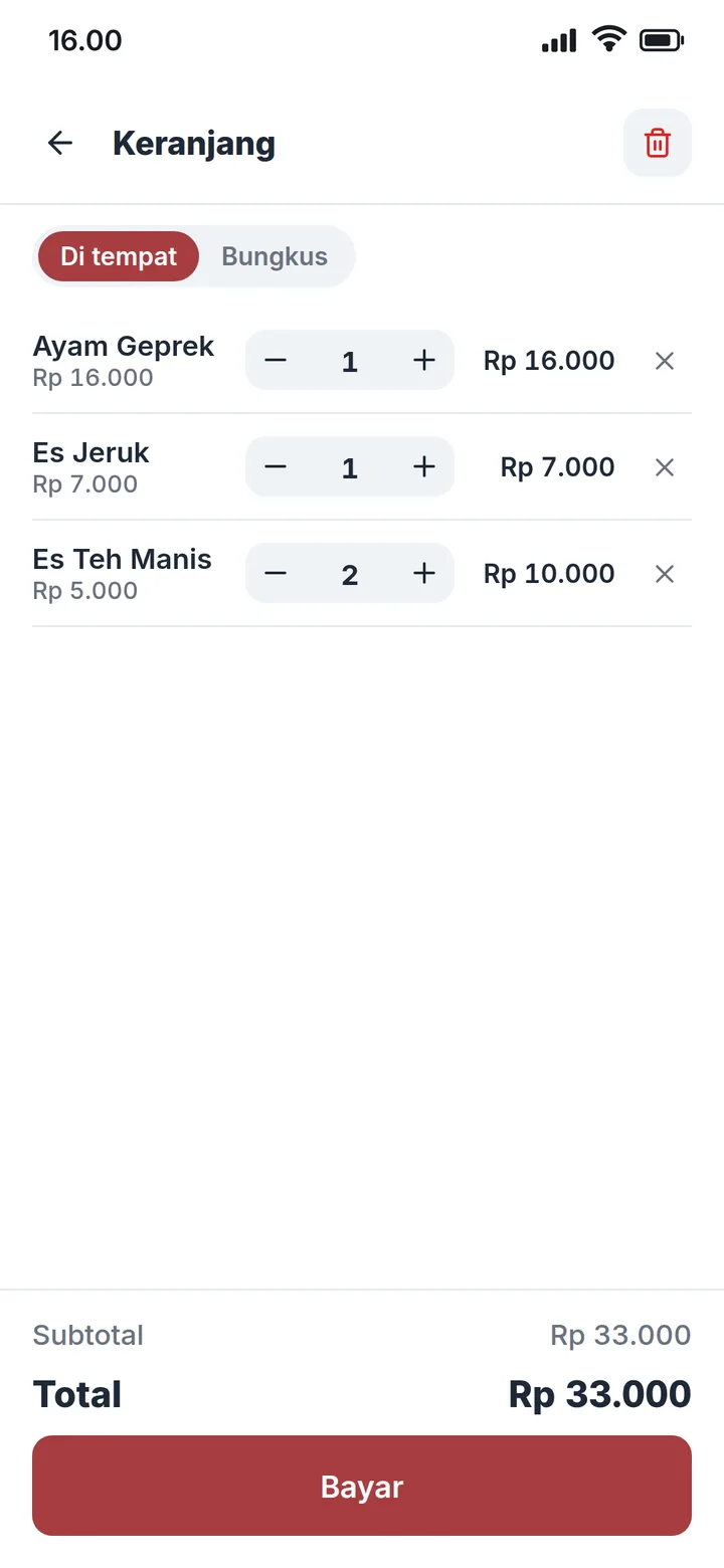 Keranjang di HP: jumlah, Di tempat/Bungkus, total