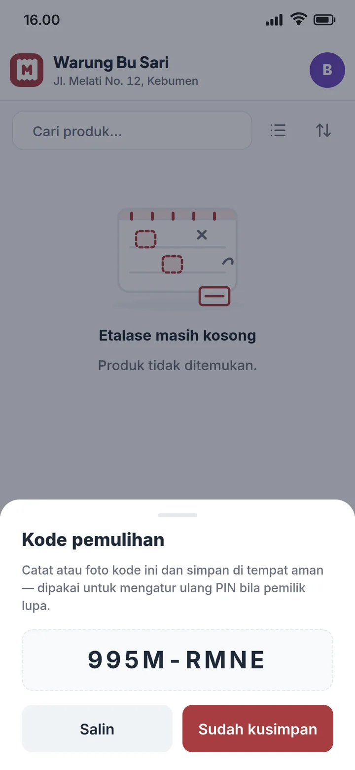Kode pemulihan tampil sekali setelah langkah awal