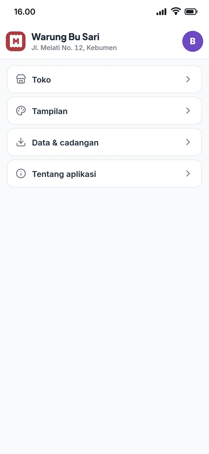 Pengaturan: Toko, Tampilan, Data & cadangan, Tentang