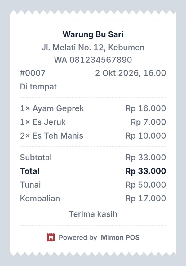 Contoh gambar struk yang diterima pembeli di WhatsApp: Warung Bu Sari, 2× Nasi Goreng, 1× Kerupuk, total Rp 32.000