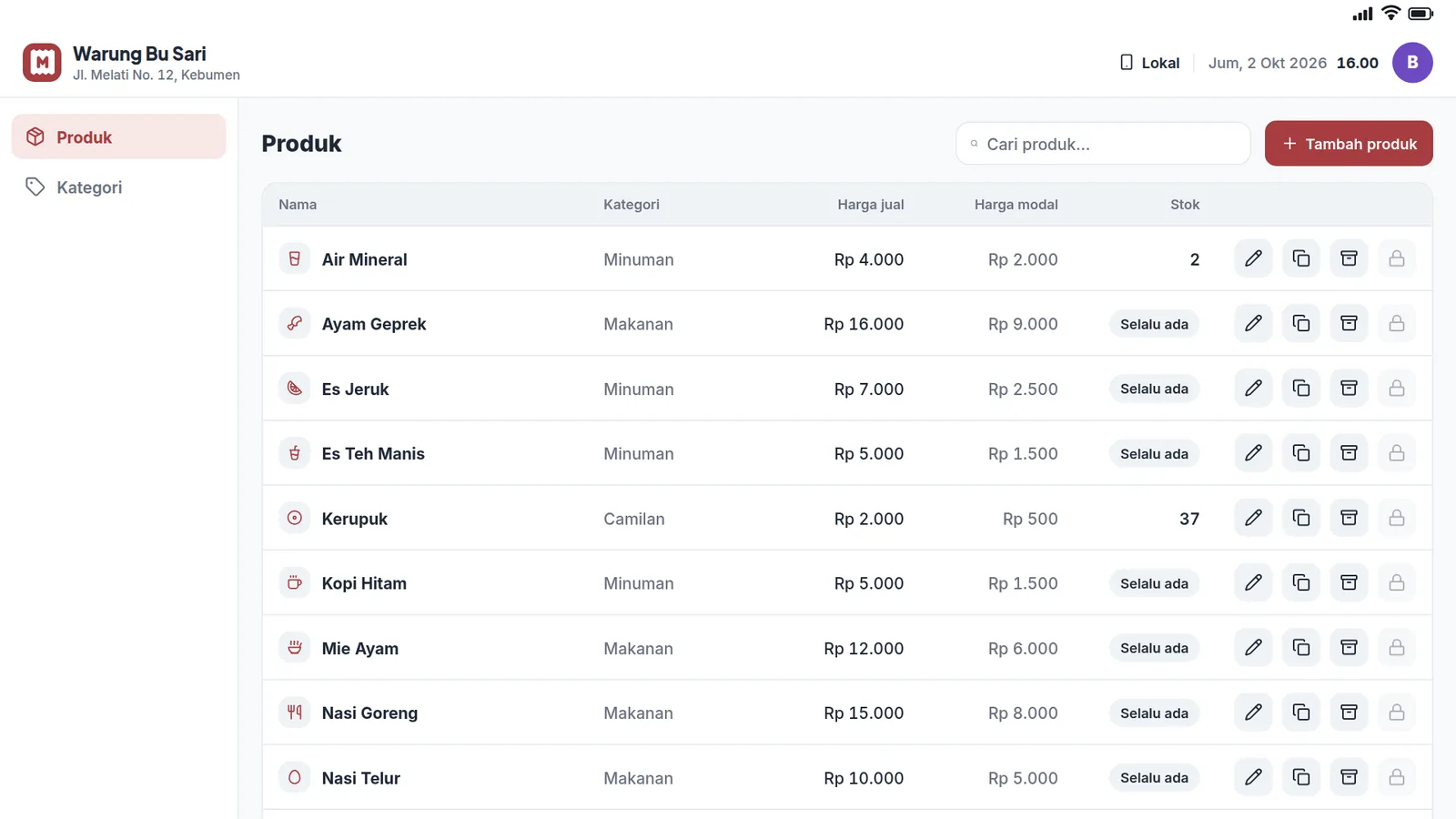 Tabel produk di tablet dengan harga jual, modal, dan stok